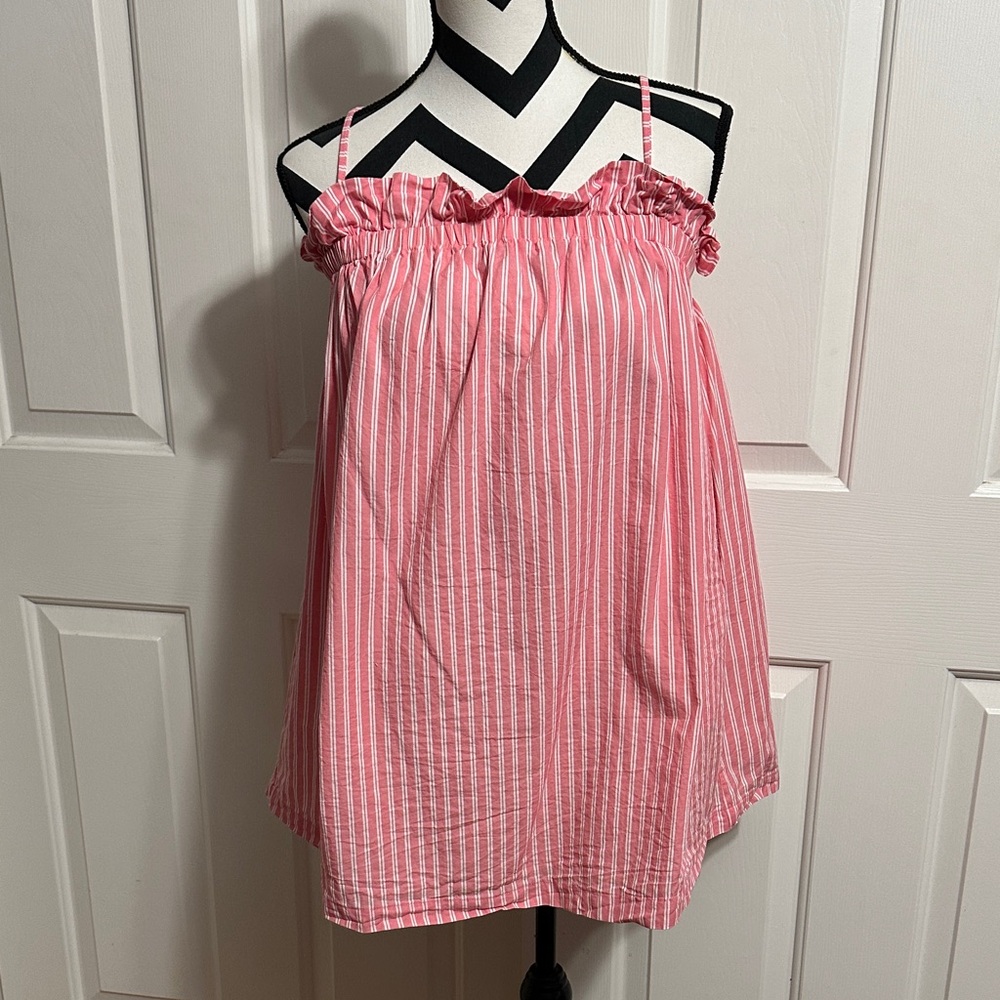 Buddy Love Pink & White Striped Ruffled Neckline Tank